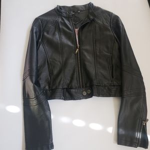 Black leather jacket with floral print inside